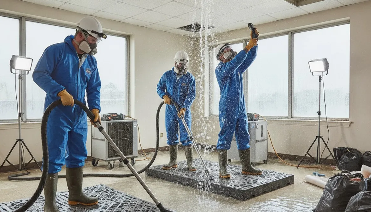 Water damage restoration team cleaning burst pipe damage in Escondido, CA home
