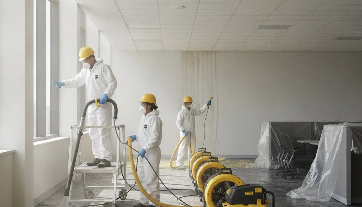 Commercial water damage restoration in Escondido, CA with technicians removing flood water from property