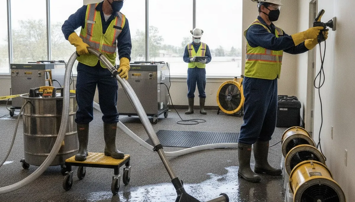 Water damage restoration team removing flood water in Escondido, CA