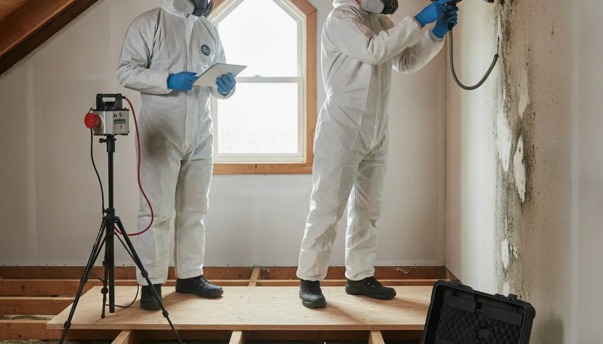 Mold inspection technician checking homes in Escondido, CA for hidden water damage and growth