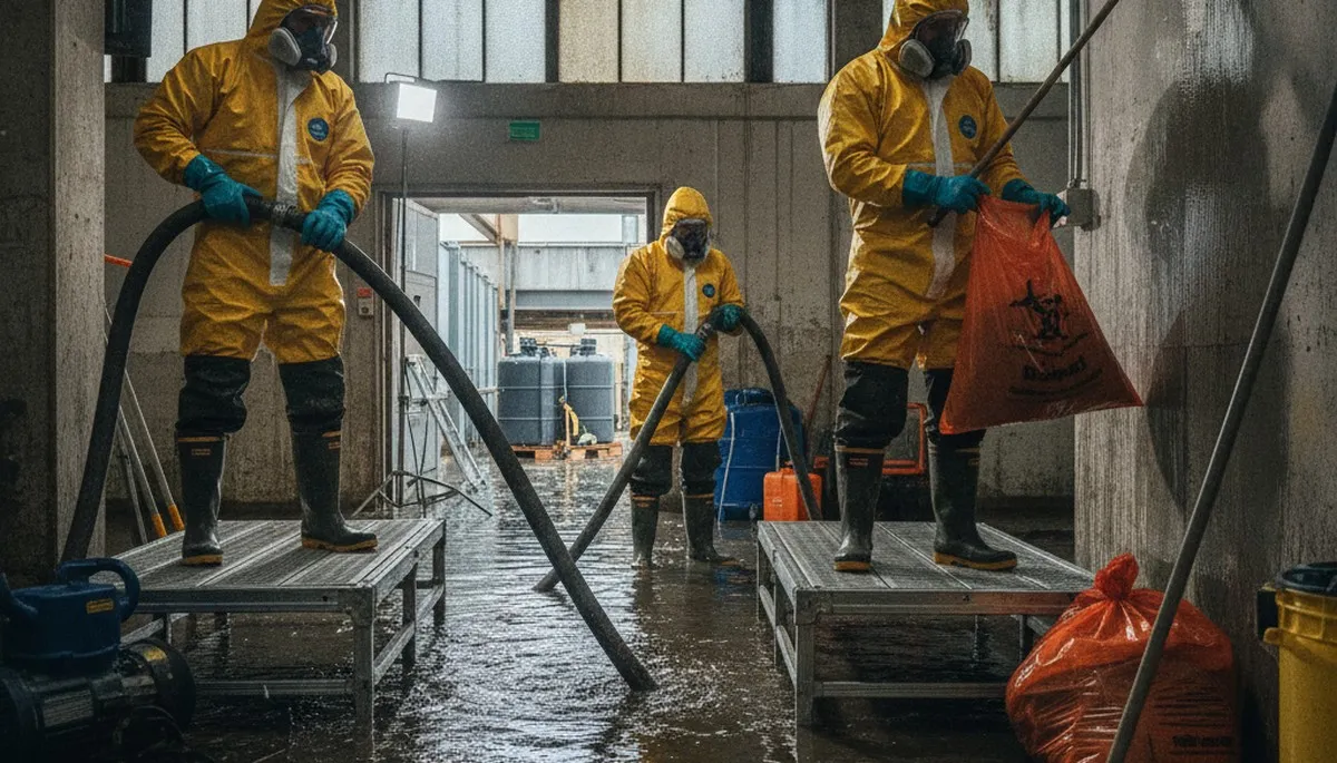Sewage cleanup technician sanitizing Escondido, CA home after backup and overflow damage