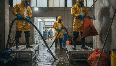 Sewage cleanup technician sanitizing Escondido, CA home after backup and overflow damage