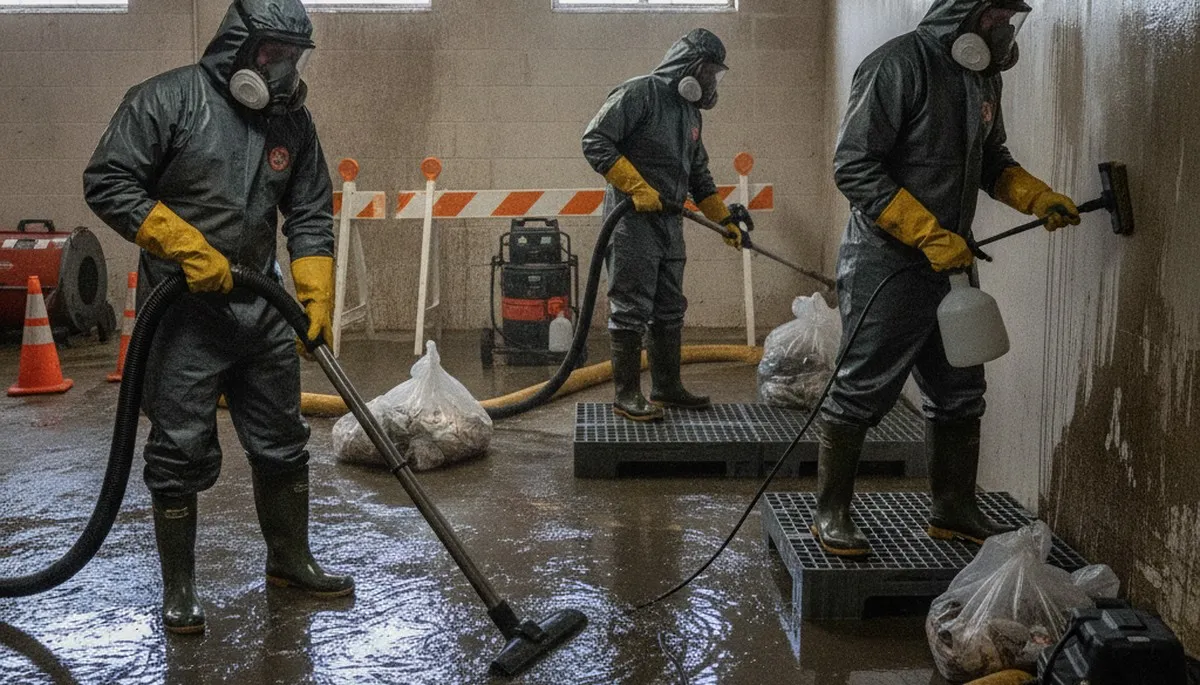 Sewage cleanup crew in Escondido, CA restoring a home after a backed-up drain overflow