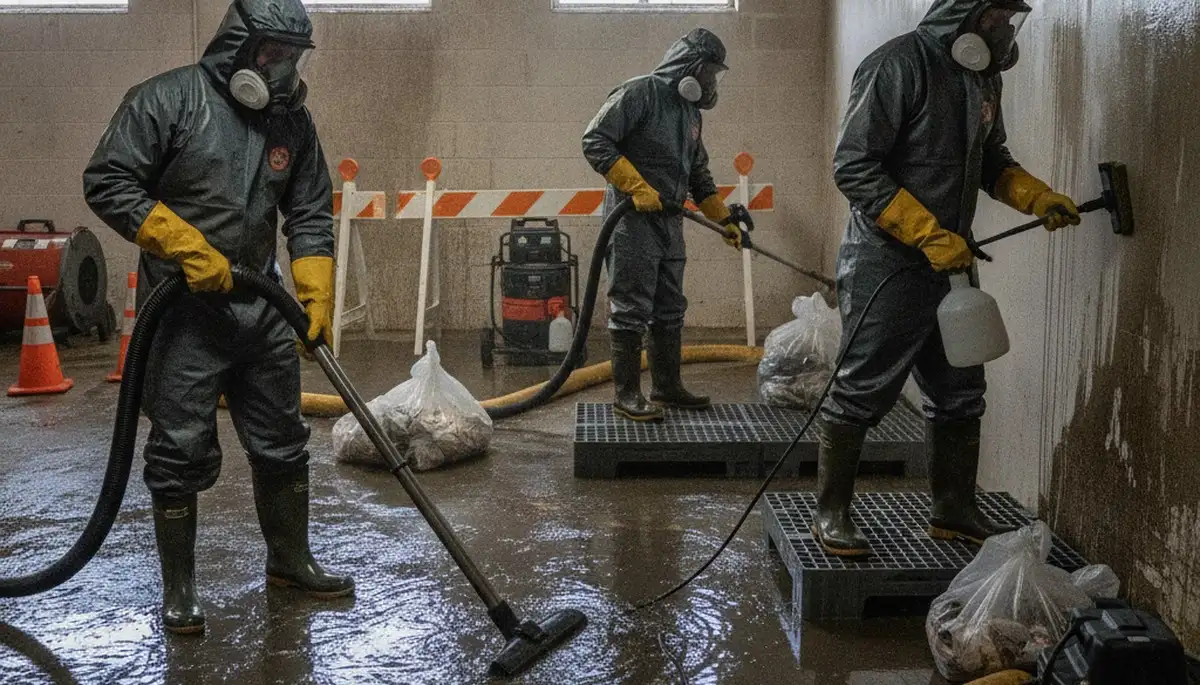 Sewage cleanup crew in Escondido, CA restoring a home after a backed-up drain overflow