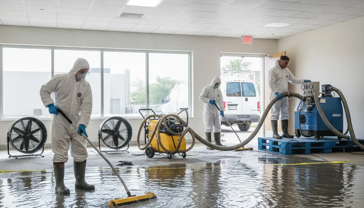Water extraction crew removing standing water in Escondido, CA home for fast water damage restoration
